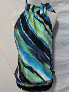 Heart Soul Striped Halter Tie-Neck Camisole in Blue, Green & Black